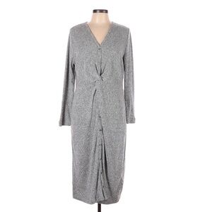 LOFT Knit Twist-Front Dress, Long Sleeve, Button-Front, Super-Soft, Gray, L
